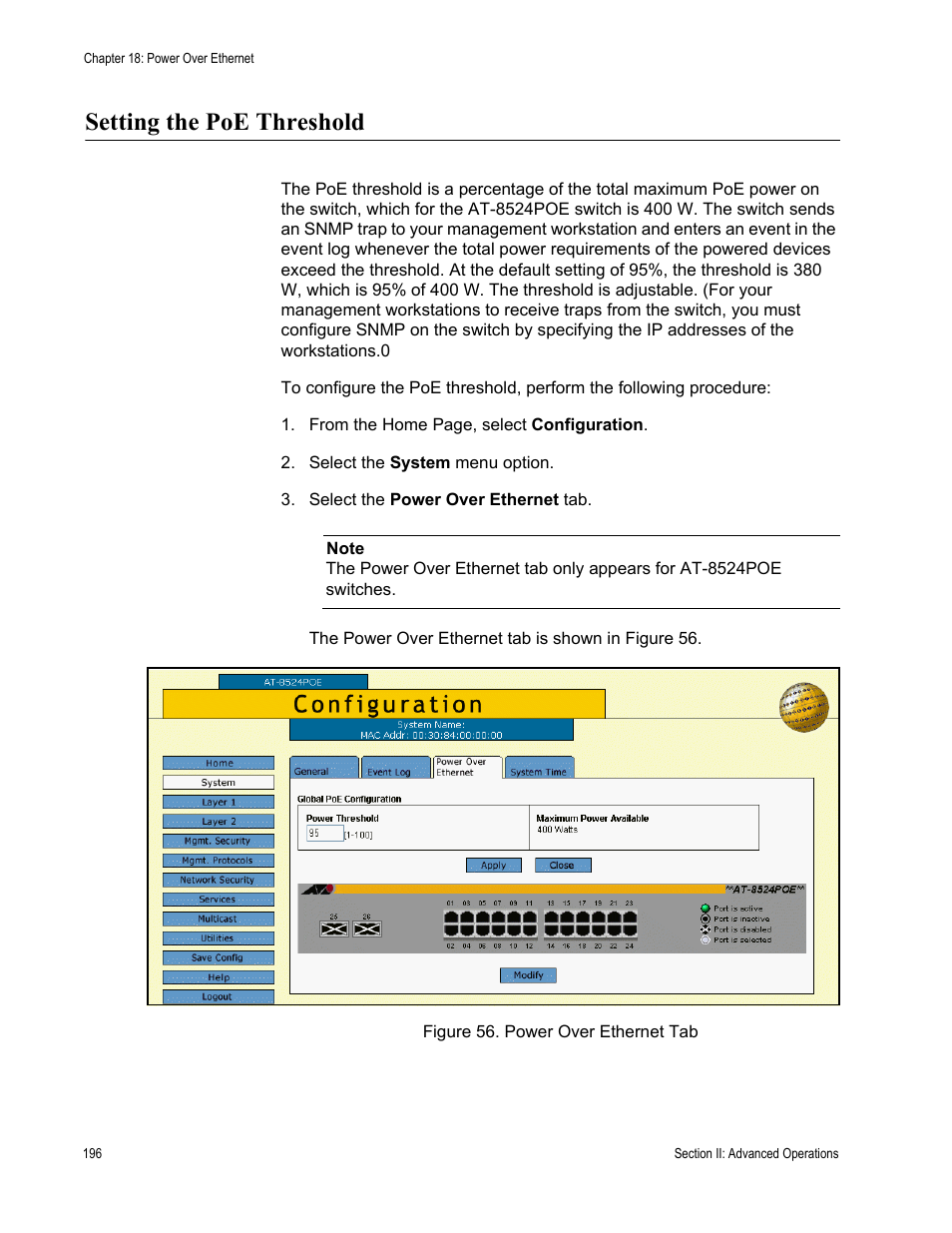 Setting the poe threshold, Figure 56: power over ethernet tab | Allied Telesis AT-S62 User Manual | Page 196 / 372