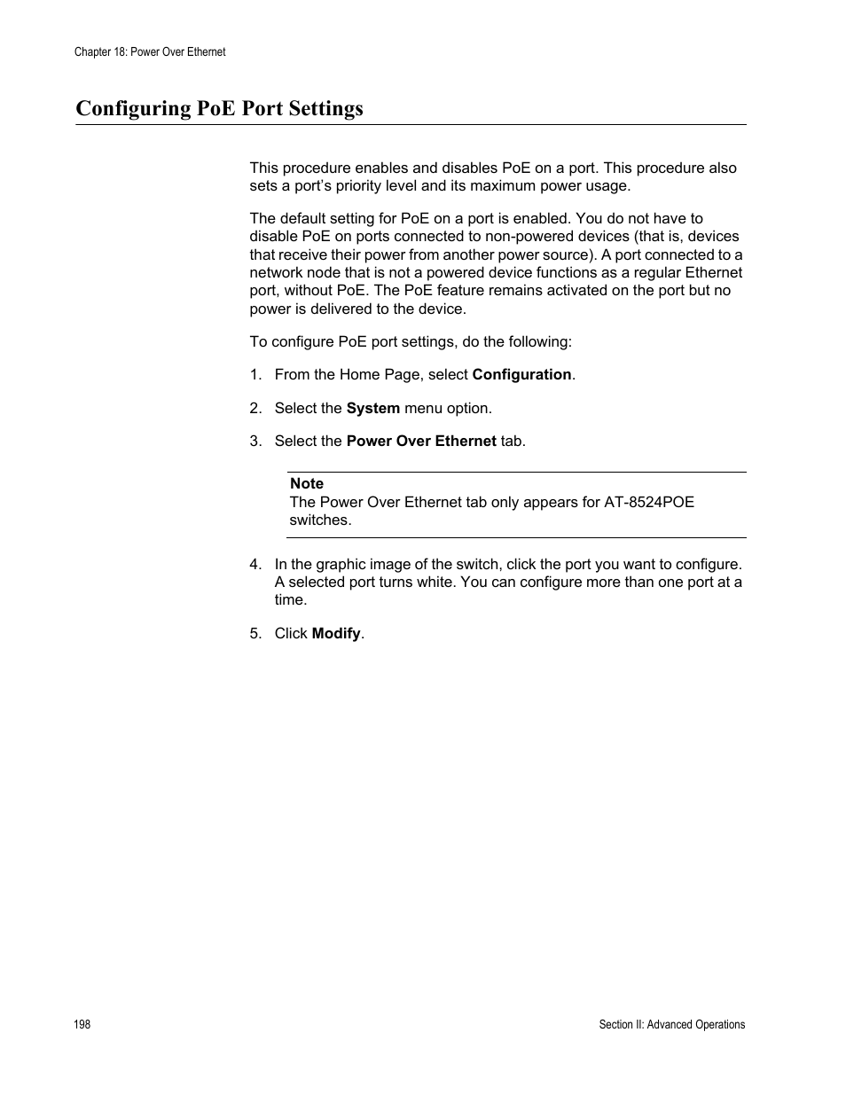 Configuring poe port settings | Allied Telesis AT-S62 User Manual | Page 198 / 372