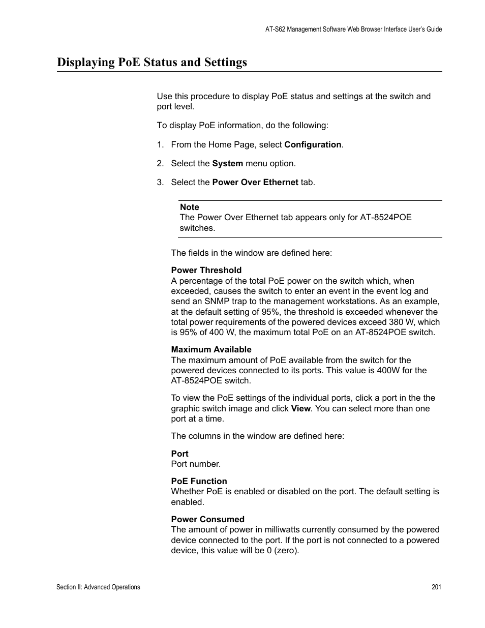 Displaying poe status and settings | Allied Telesis AT-S62 User Manual | Page 201 / 372