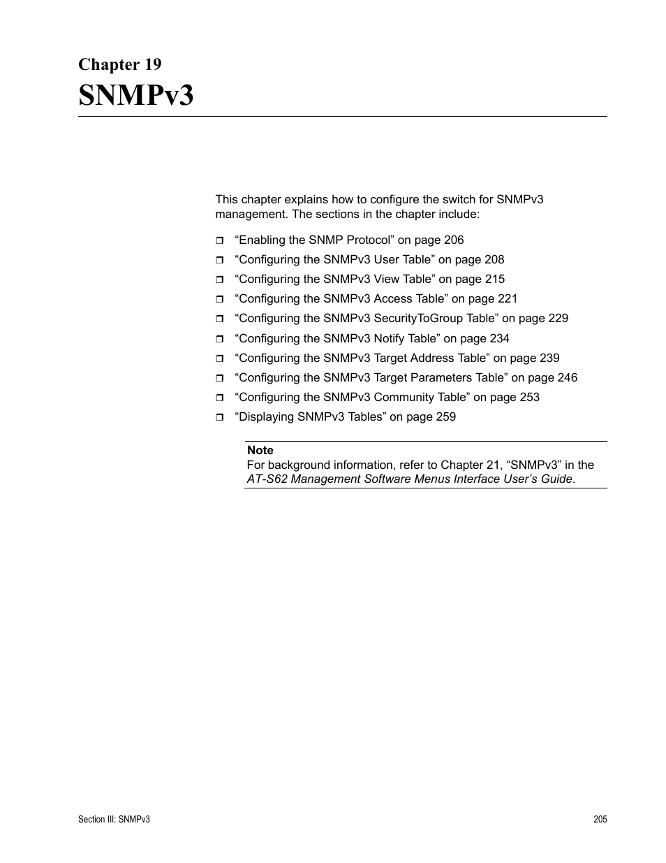 Chapter 19, Snmpv3, Chapter 19: snmpv3 | Allied Telesis AT-S62 User Manual | Page 205 / 372