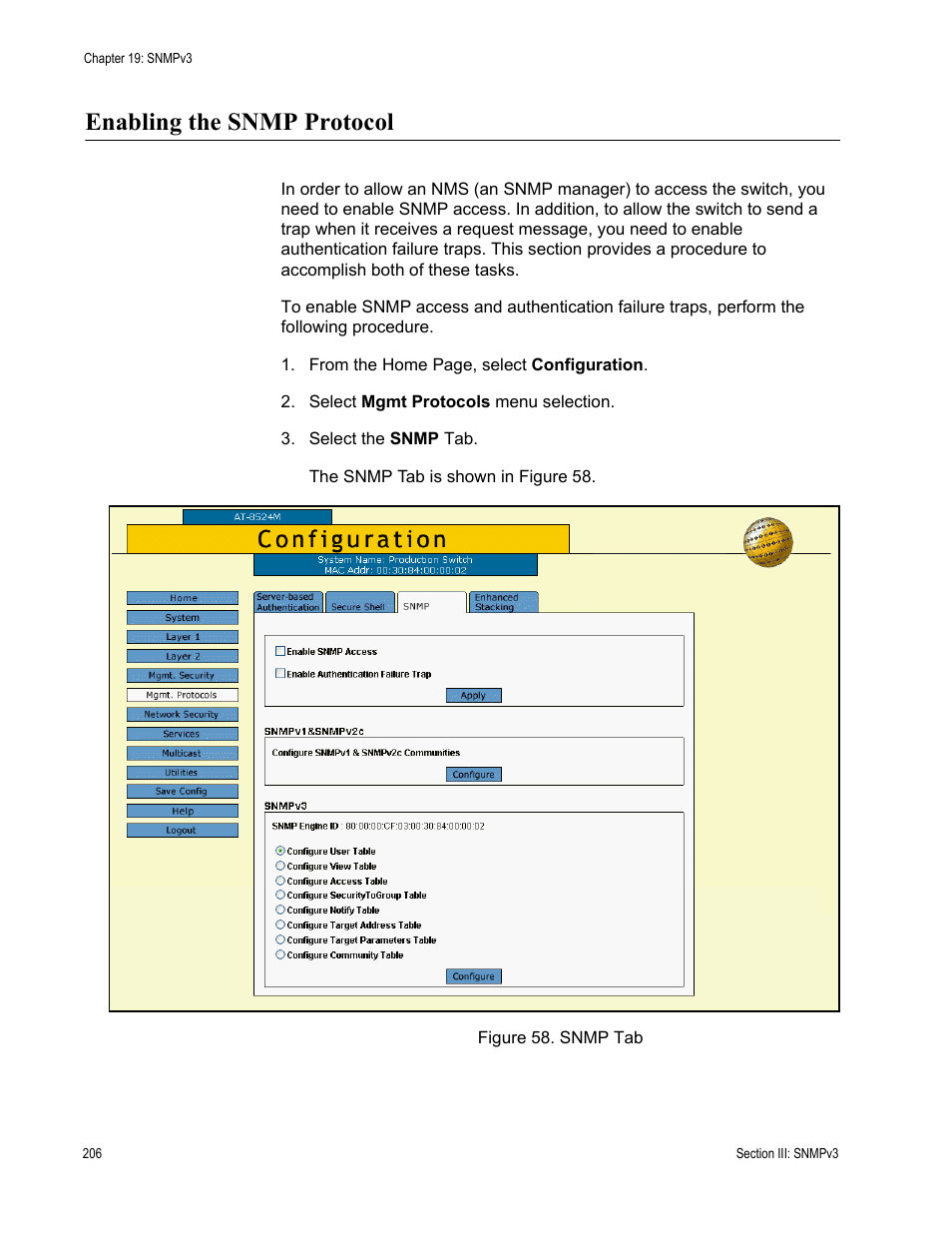 Enabling the snmp protocol, Figure 58: snmp tab | Allied Telesis AT-S62 User Manual | Page 206 / 372