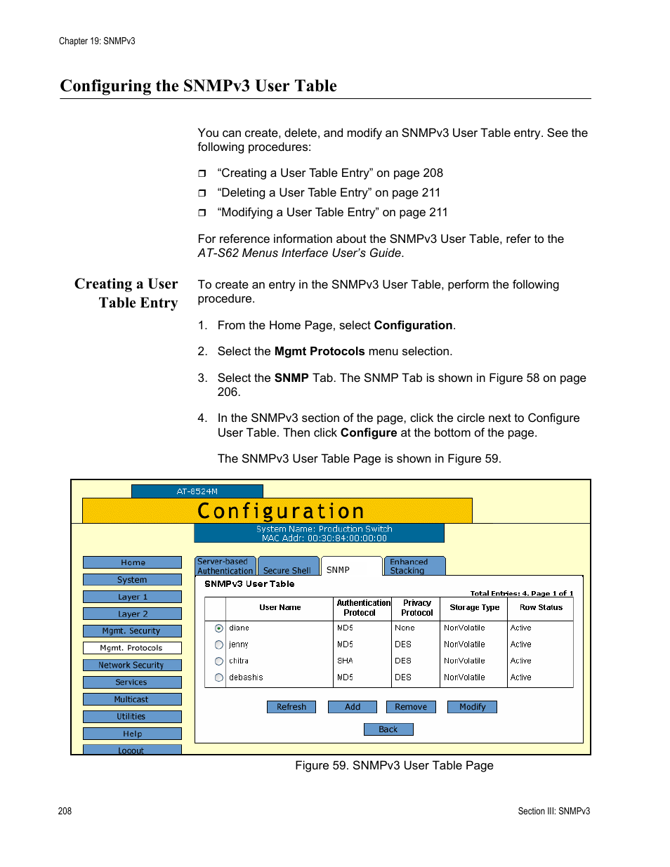 Configuring the snmpv3 user table, Creating a user table entry | Allied Telesis AT-S62 User Manual | Page 208 / 372