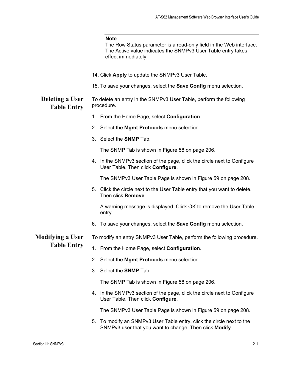 Deleting a user table entry, Modifying a user table entry | Allied Telesis AT-S62 User Manual | Page 211 / 372