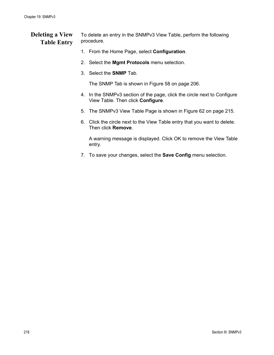 Deleting a view table entry | Allied Telesis AT-S62 User Manual | Page 218 / 372