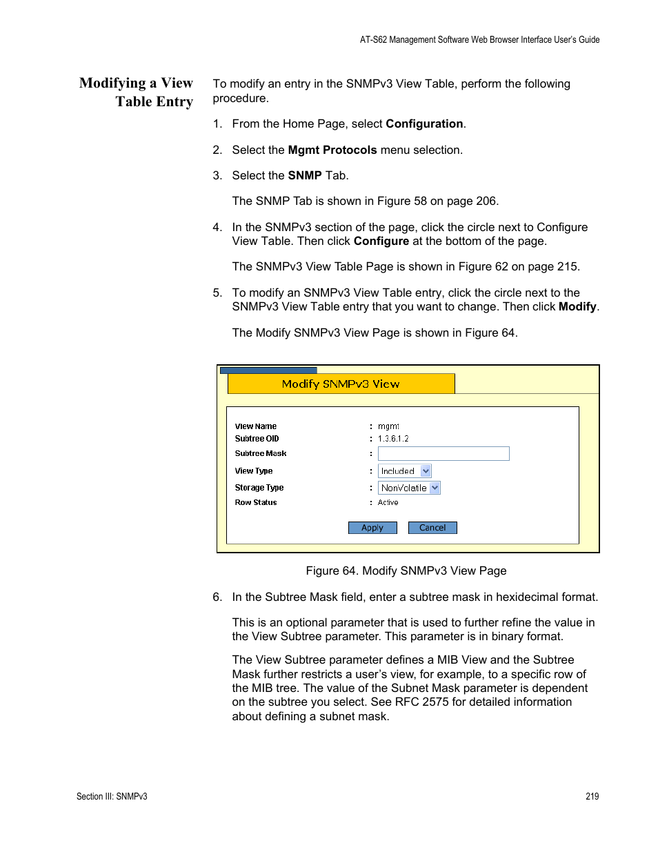Modifying a view table entry | Allied Telesis AT-S62 User Manual | Page 219 / 372