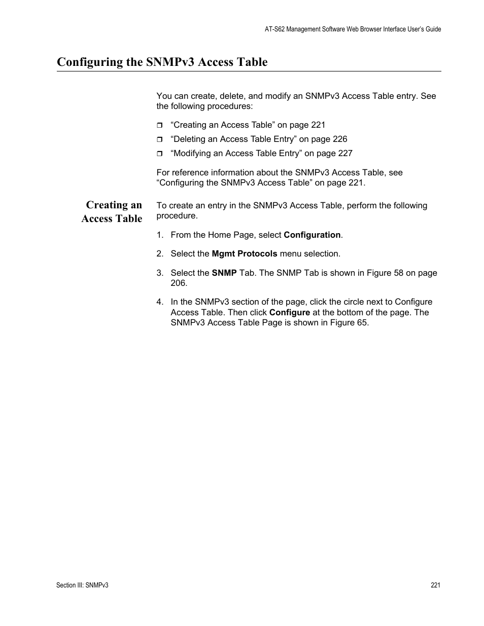 Configuring the snmpv3 access table, Creating an access table | Allied Telesis AT-S62 User Manual | Page 221 / 372