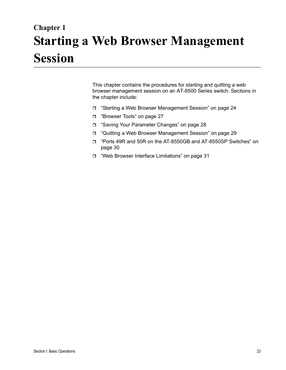 Chapter 1, Starting a web browser management session, R 1: starting a web browser management session | Allied Telesis AT-S62 User Manual | Page 23 / 372
