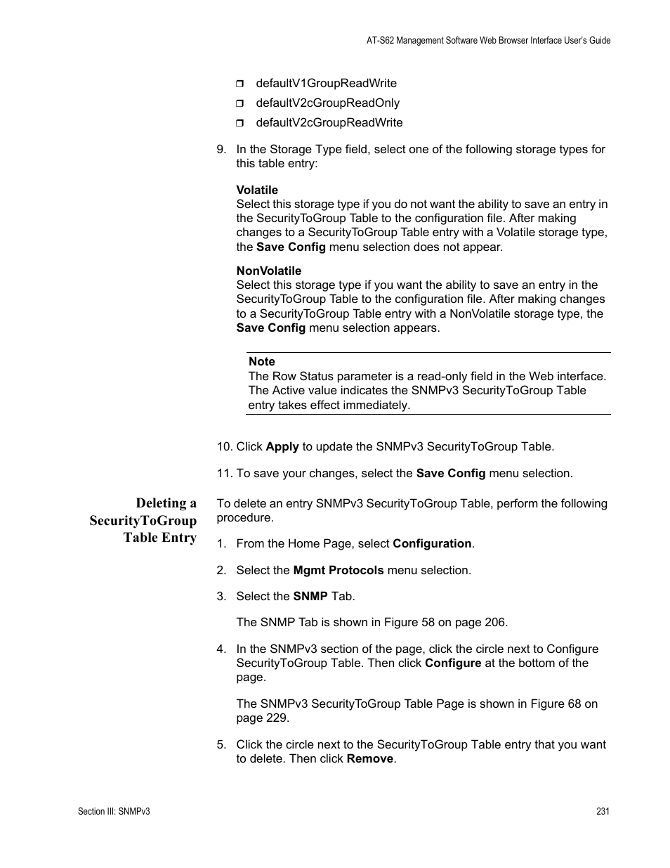 Deleting a securitytogroup table entry | Allied Telesis AT-S62 User Manual | Page 231 / 372