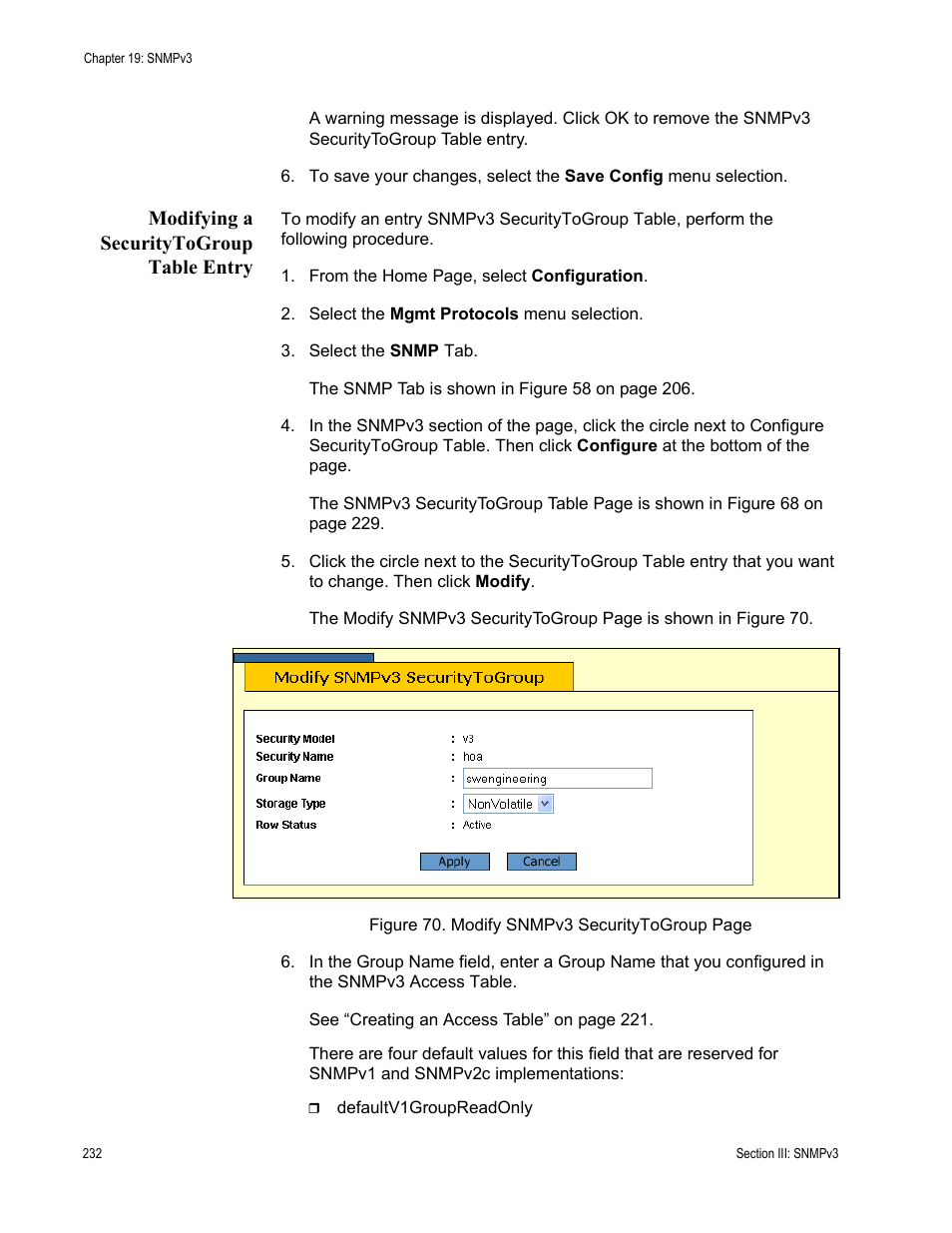 Modifying a securitytogroup table entry | Allied Telesis AT-S62 User Manual | Page 232 / 372