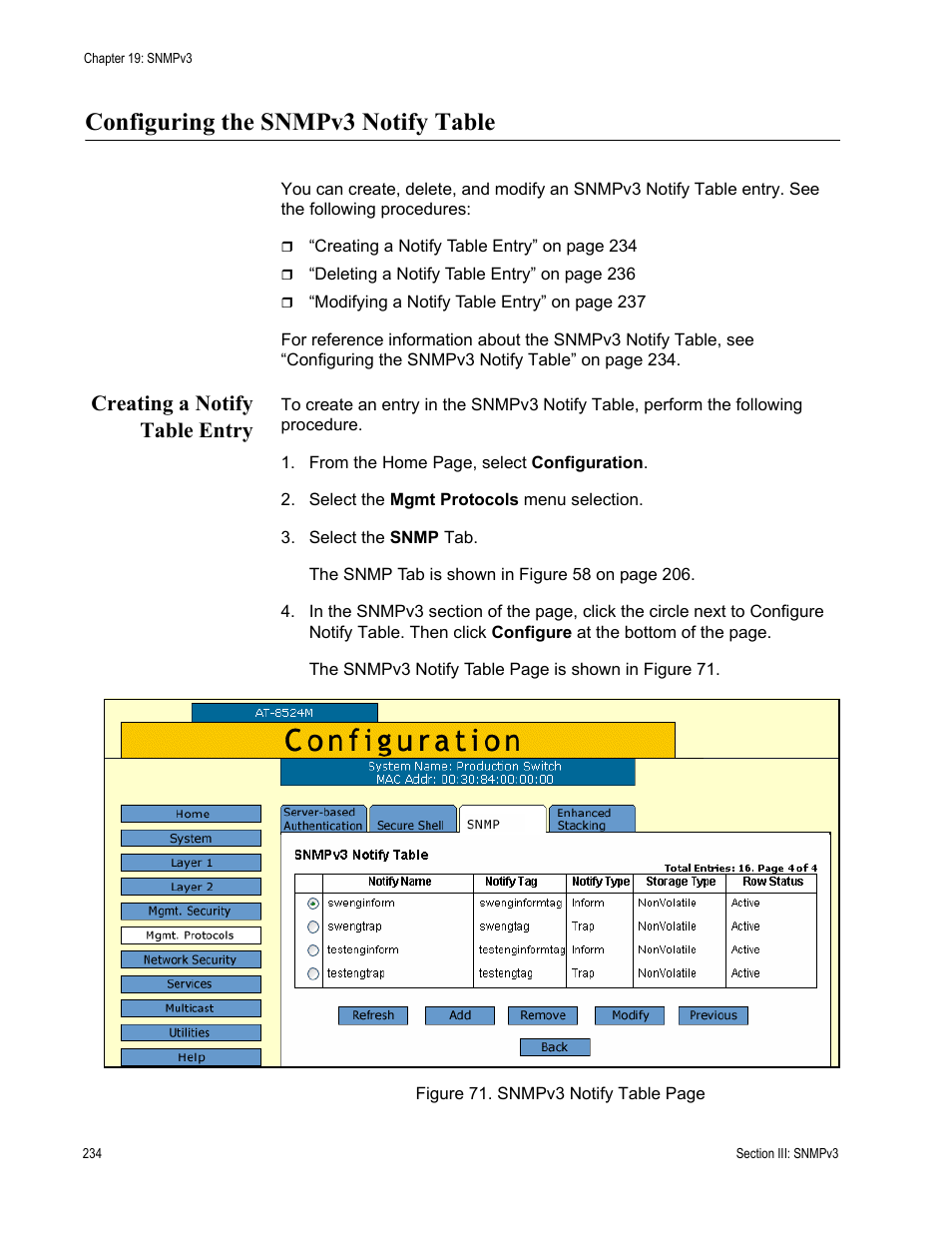 Configuring the snmpv3 notify table, Creating a notify table entry | Allied Telesis AT-S62 User Manual | Page 234 / 372