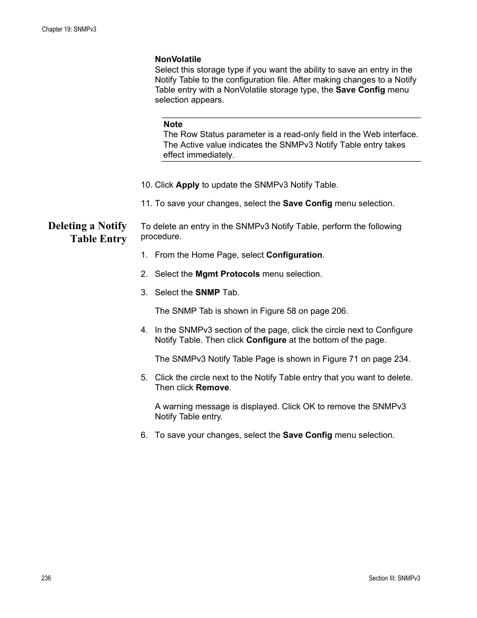 Deleting a notify table entry | Allied Telesis AT-S62 User Manual | Page 236 / 372