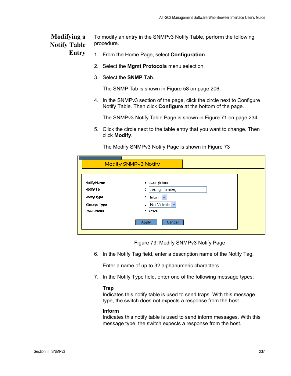 Modifying a notify table entry | Allied Telesis AT-S62 User Manual | Page 237 / 372