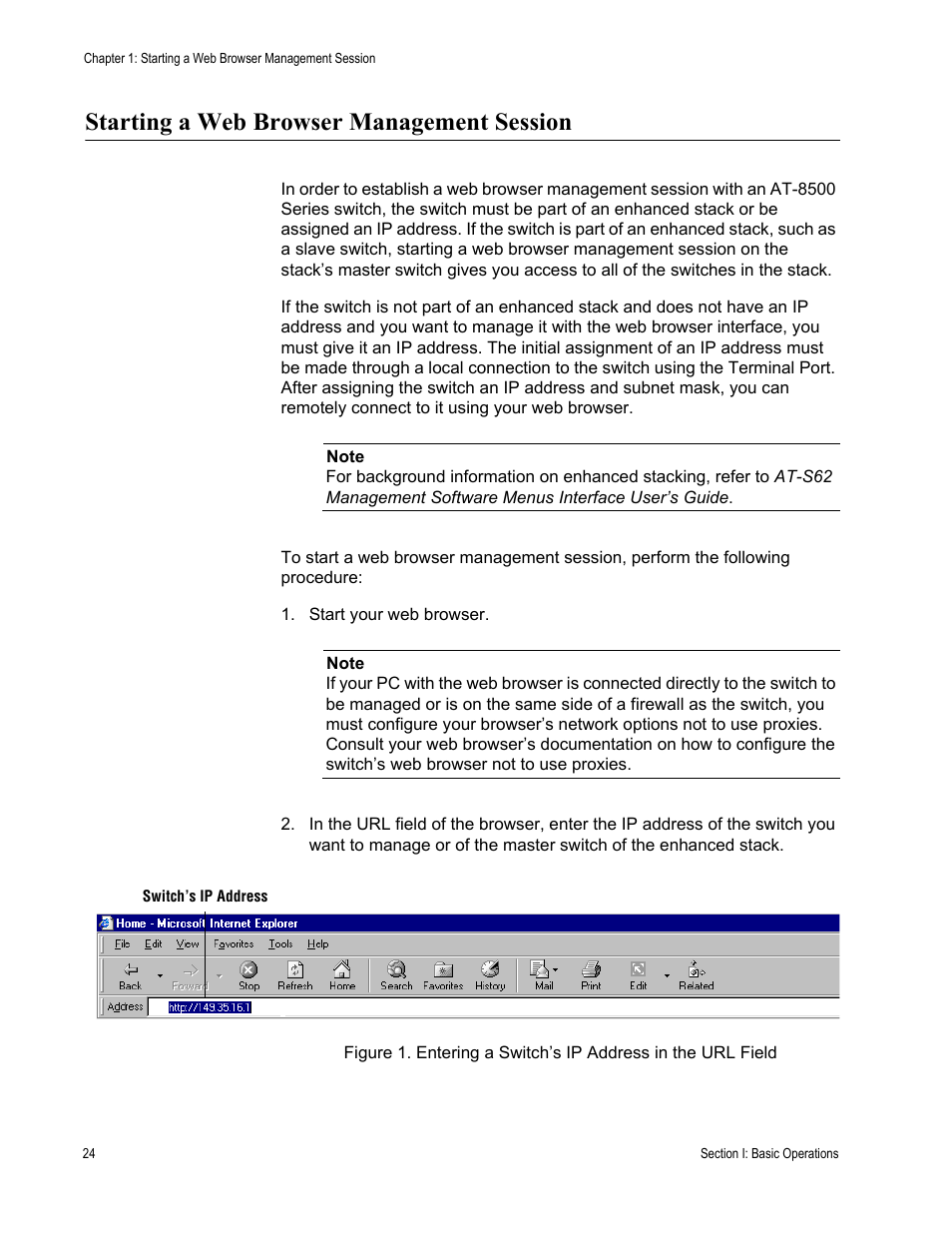 Starting a web browser management session | Allied Telesis AT-S62 User Manual | Page 24 / 372