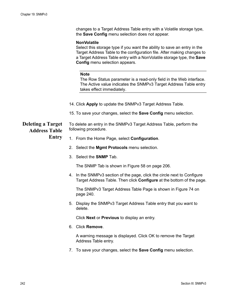 Deleting a target address table entry | Allied Telesis AT-S62 User Manual | Page 242 / 372