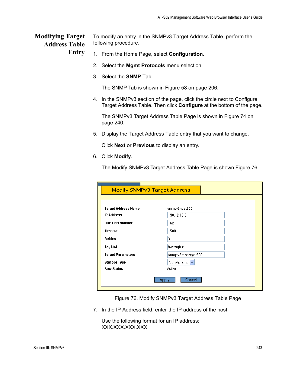 Modifying target address table entry | Allied Telesis AT-S62 User Manual | Page 243 / 372