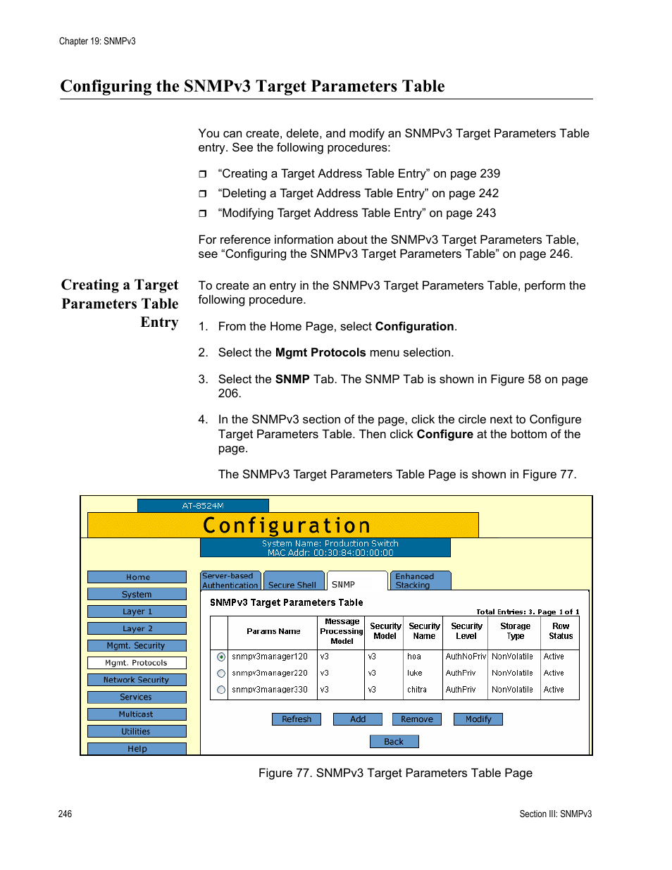Configuring the snmpv3 target parameters table, Creating a target parameters table entry | Allied Telesis AT-S62 User Manual | Page 246 / 372