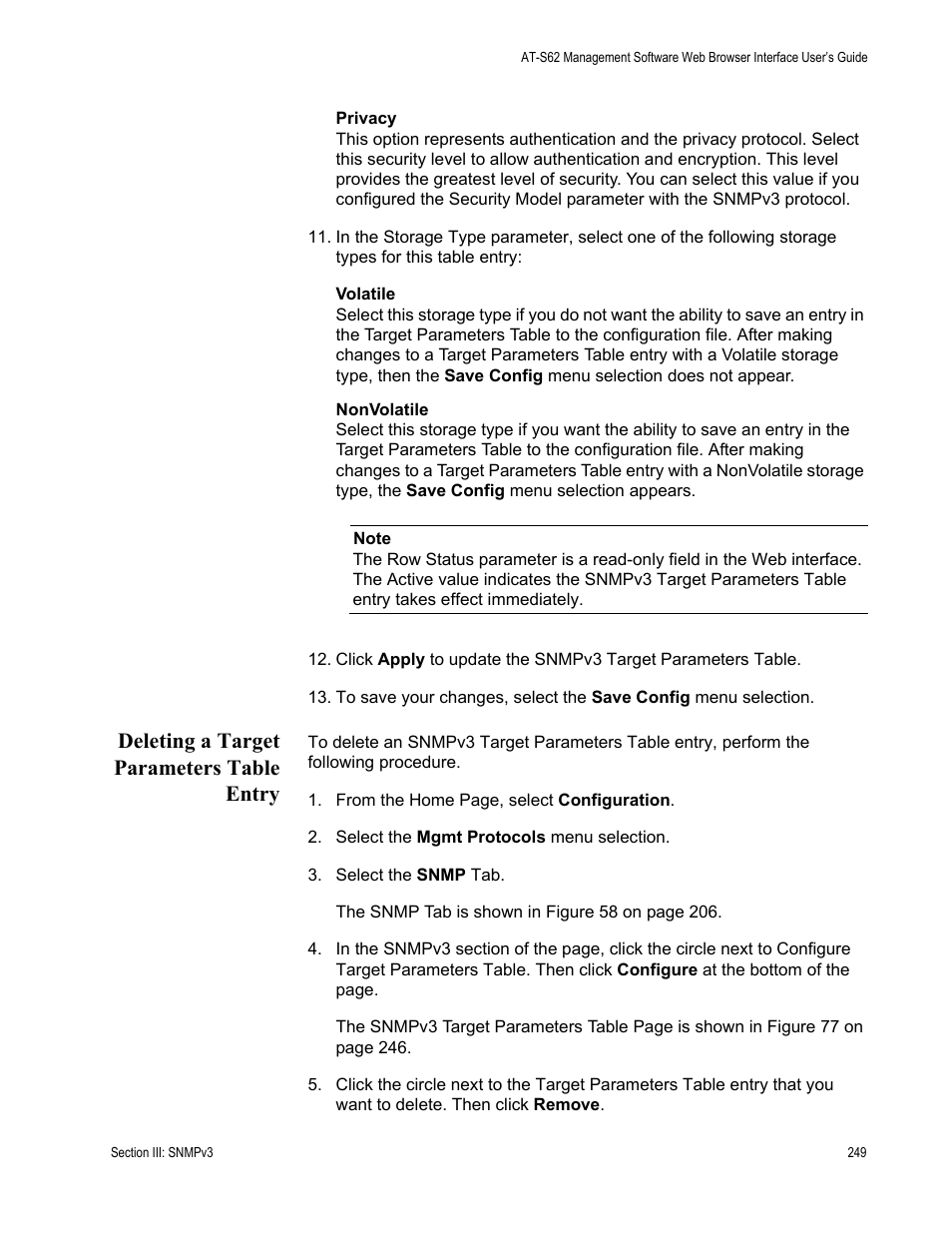 Deleting a target parameters table entry | Allied Telesis AT-S62 User Manual | Page 249 / 372