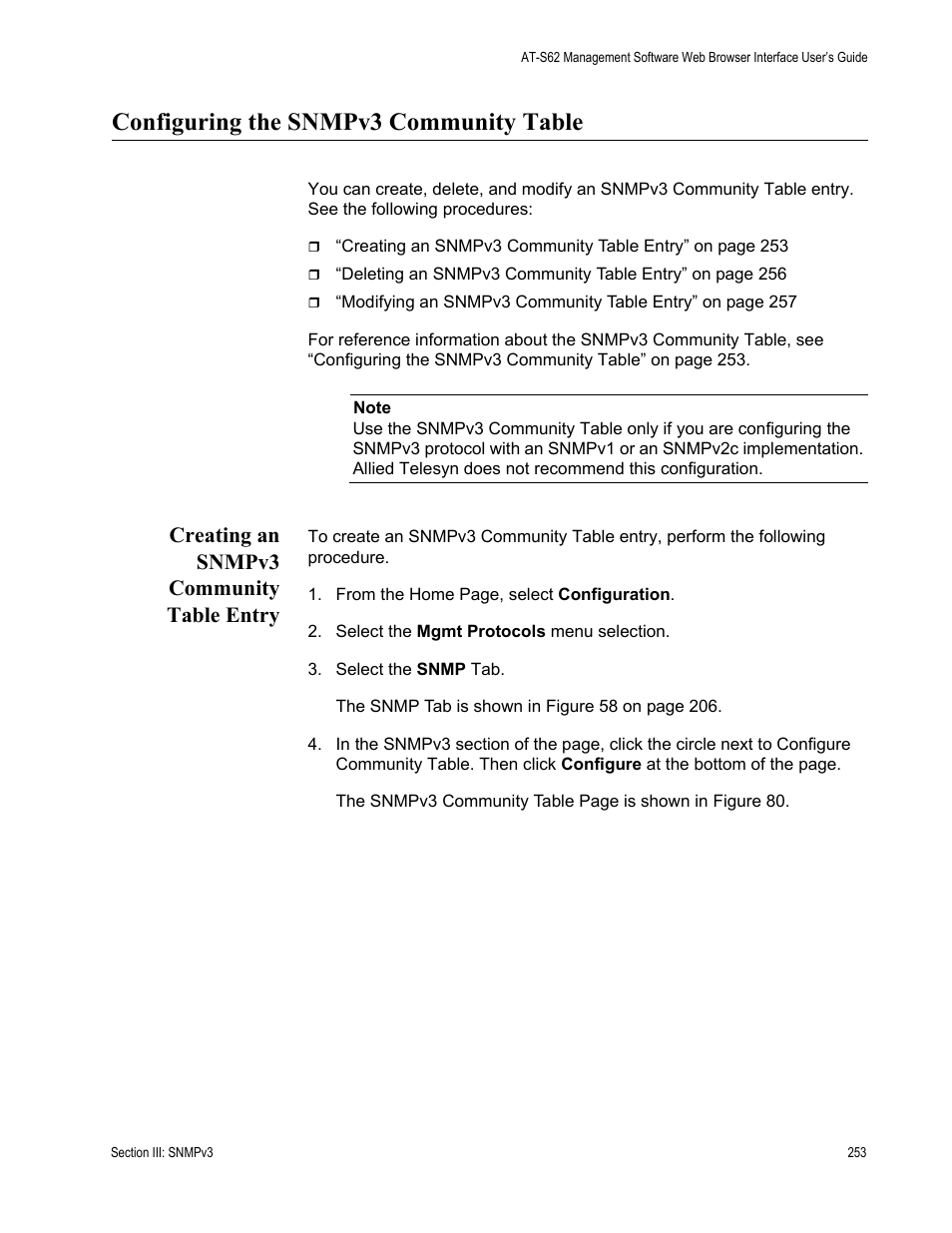 Configuring the snmpv3 community table, Creating an snmpv3 community table entry | Allied Telesis AT-S62 User Manual | Page 253 / 372