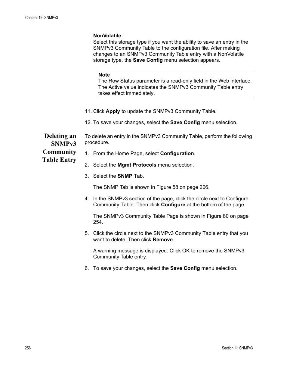 Deleting an snmpv3 community table entry | Allied Telesis AT-S62 User Manual | Page 256 / 372