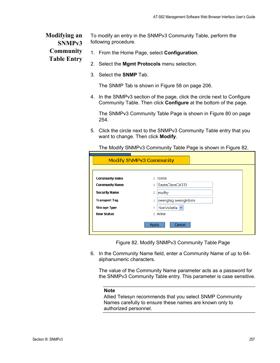 Modifying an snmpv3 community table entry | Allied Telesis AT-S62 User Manual | Page 257 / 372