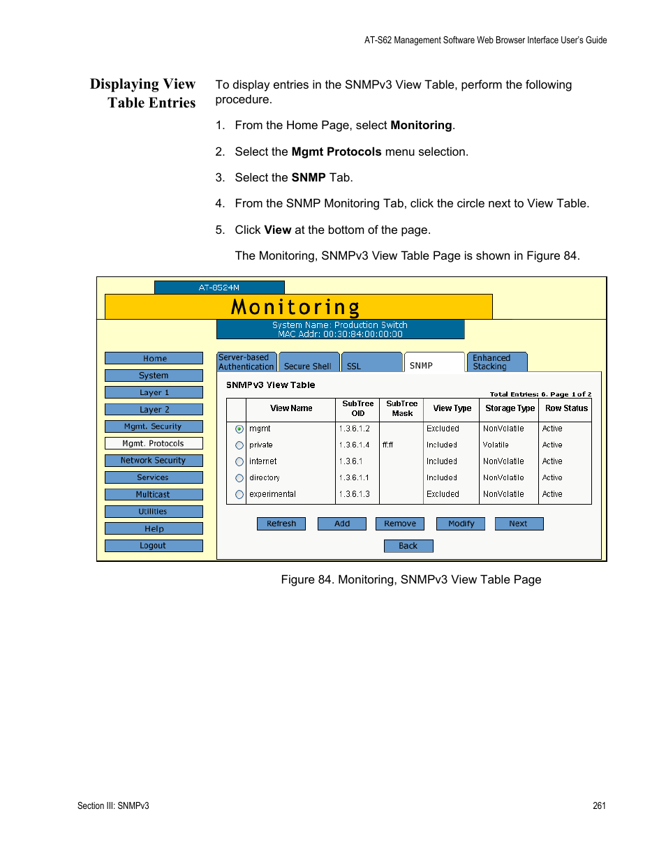 Displaying view table entries | Allied Telesis AT-S62 User Manual | Page 261 / 372