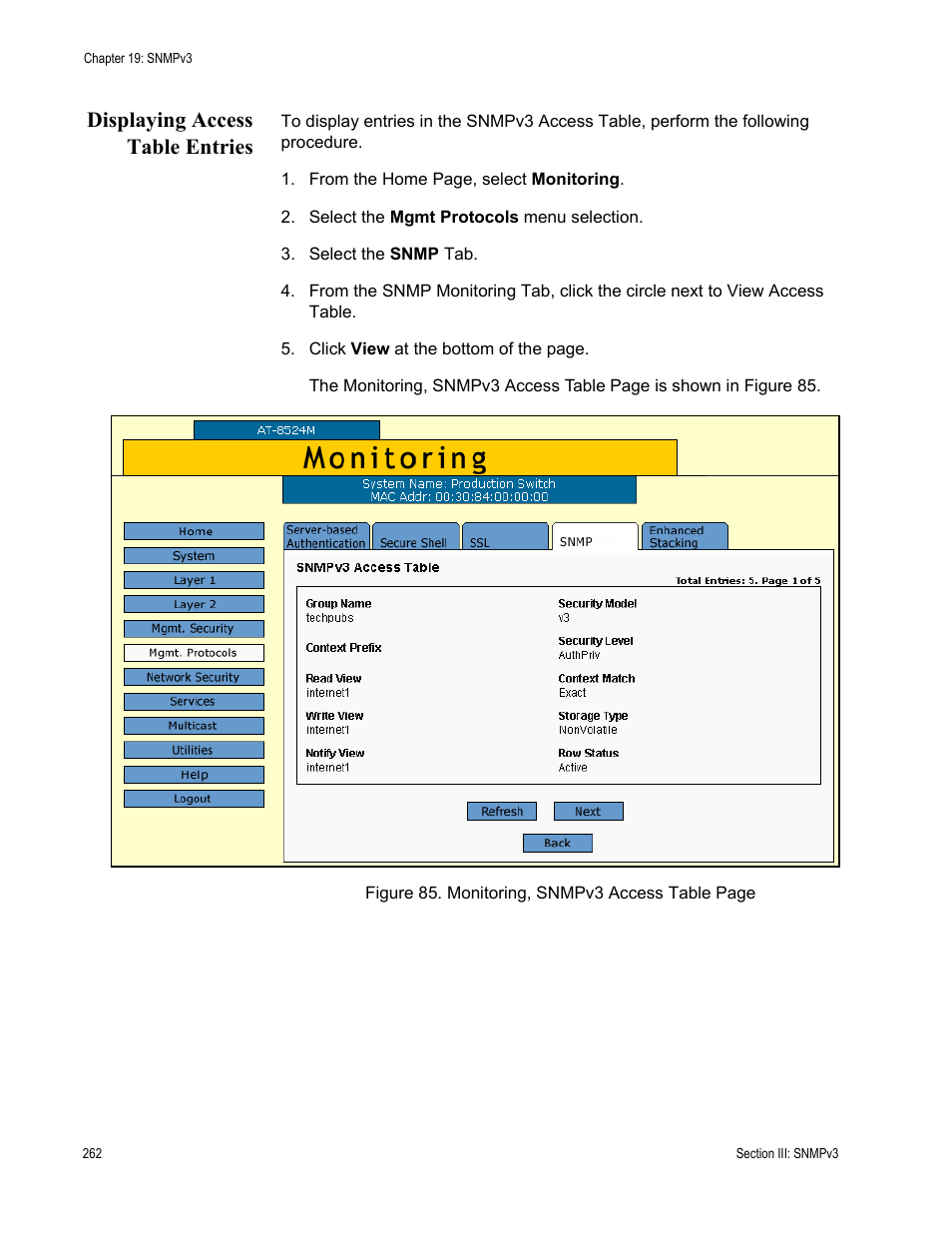 Displaying access table entries | Allied Telesis AT-S62 User Manual | Page 262 / 372