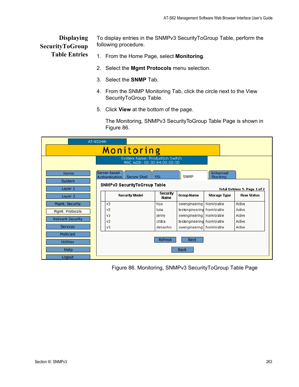 Displaying securitytogroup table entries | Allied Telesis AT-S62 User Manual | Page 263 / 372