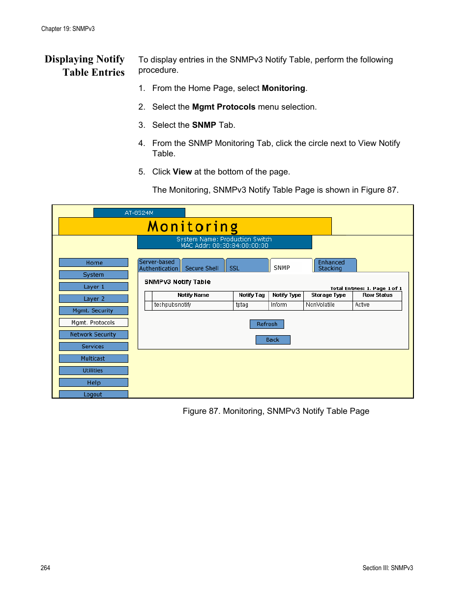 Displaying notify table entries | Allied Telesis AT-S62 User Manual | Page 264 / 372