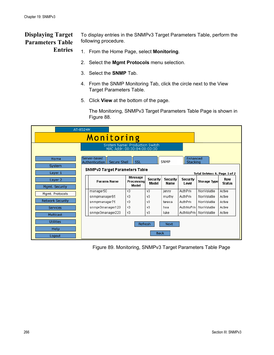 Displaying target parameters table entries | Allied Telesis AT-S62 User Manual | Page 266 / 372
