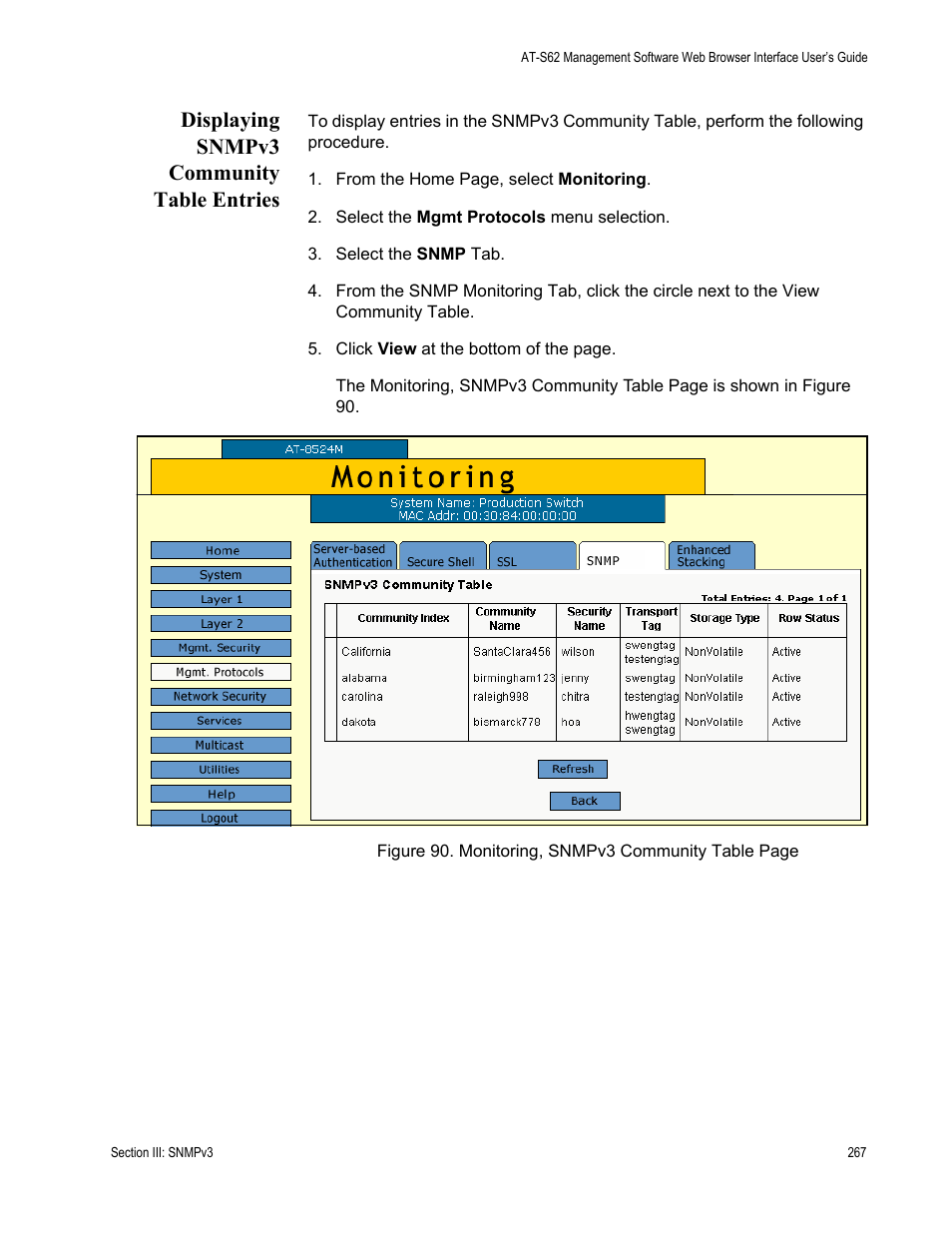 Displaying snmpv3 community table entries | Allied Telesis AT-S62 User Manual | Page 267 / 372