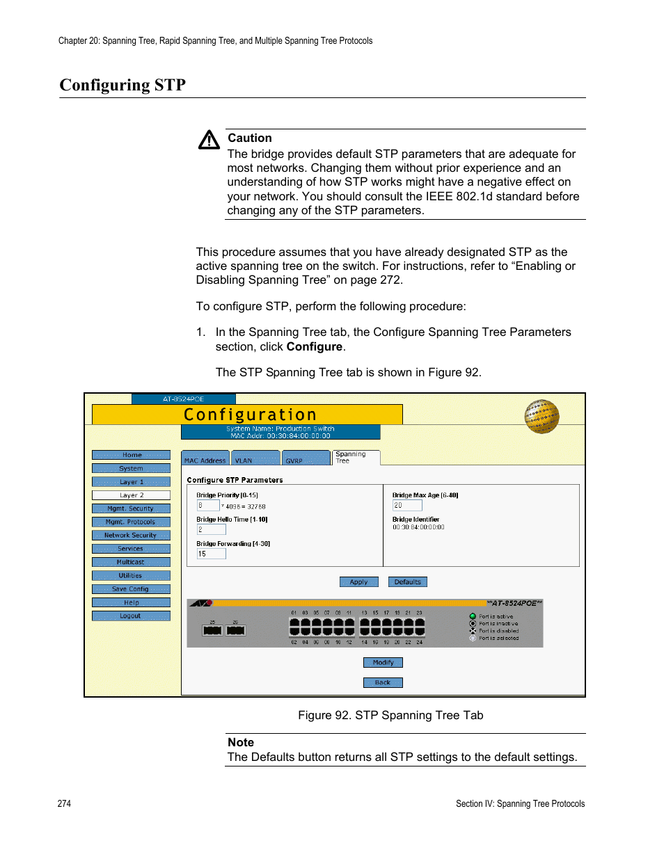 Configuring stp, Figure 92: stp spanning tree tab | Allied Telesis AT-S62 User Manual | Page 274 / 372