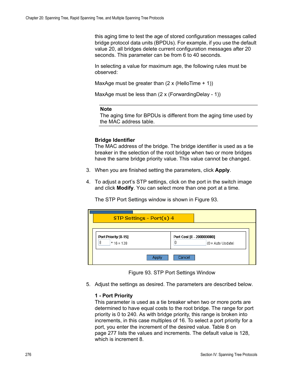 Figure 93: stp port settings window | Allied Telesis AT-S62 User Manual | Page 276 / 372