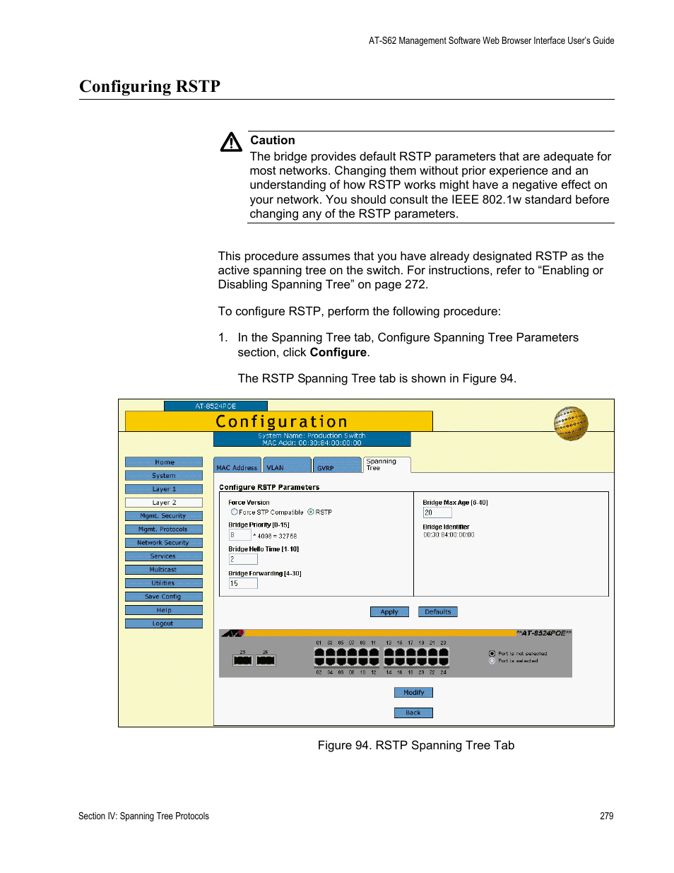 Configuring rstp, Figure 94: rstp spanning tree tab | Allied Telesis AT-S62 User Manual | Page 279 / 372