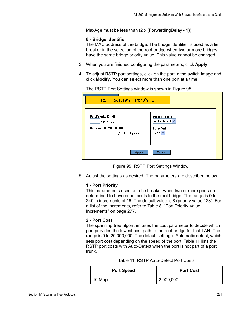 Figure 95: rstp port settings window | Allied Telesis AT-S62 User Manual | Page 281 / 372