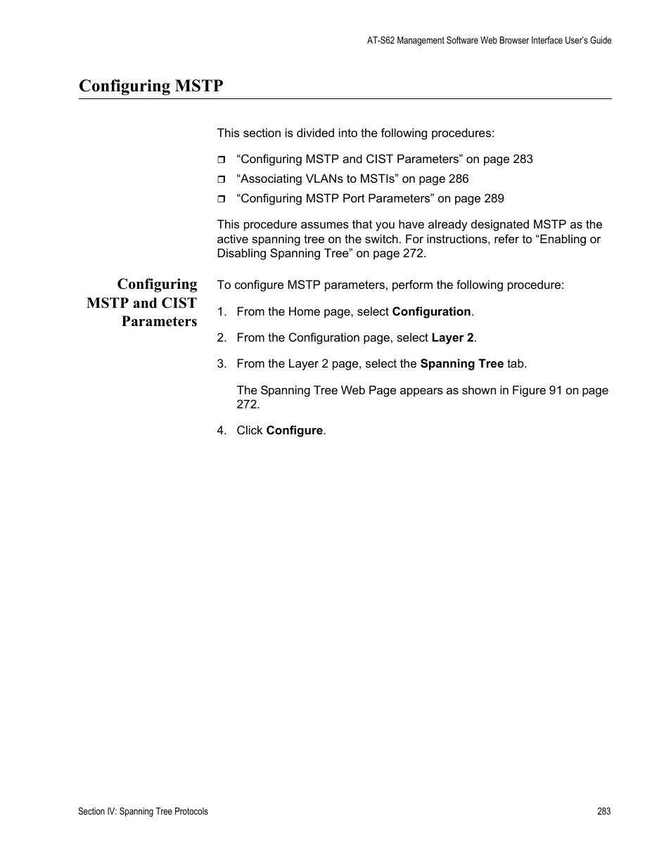 Configuring mstp, Configuring mstp and cist parameters | Allied Telesis AT-S62 User Manual | Page 283 / 372