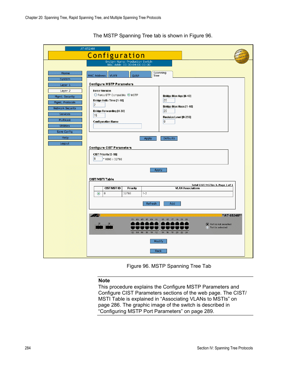 Figure 96: mstp spanning tree tab | Allied Telesis AT-S62 User Manual | Page 284 / 372