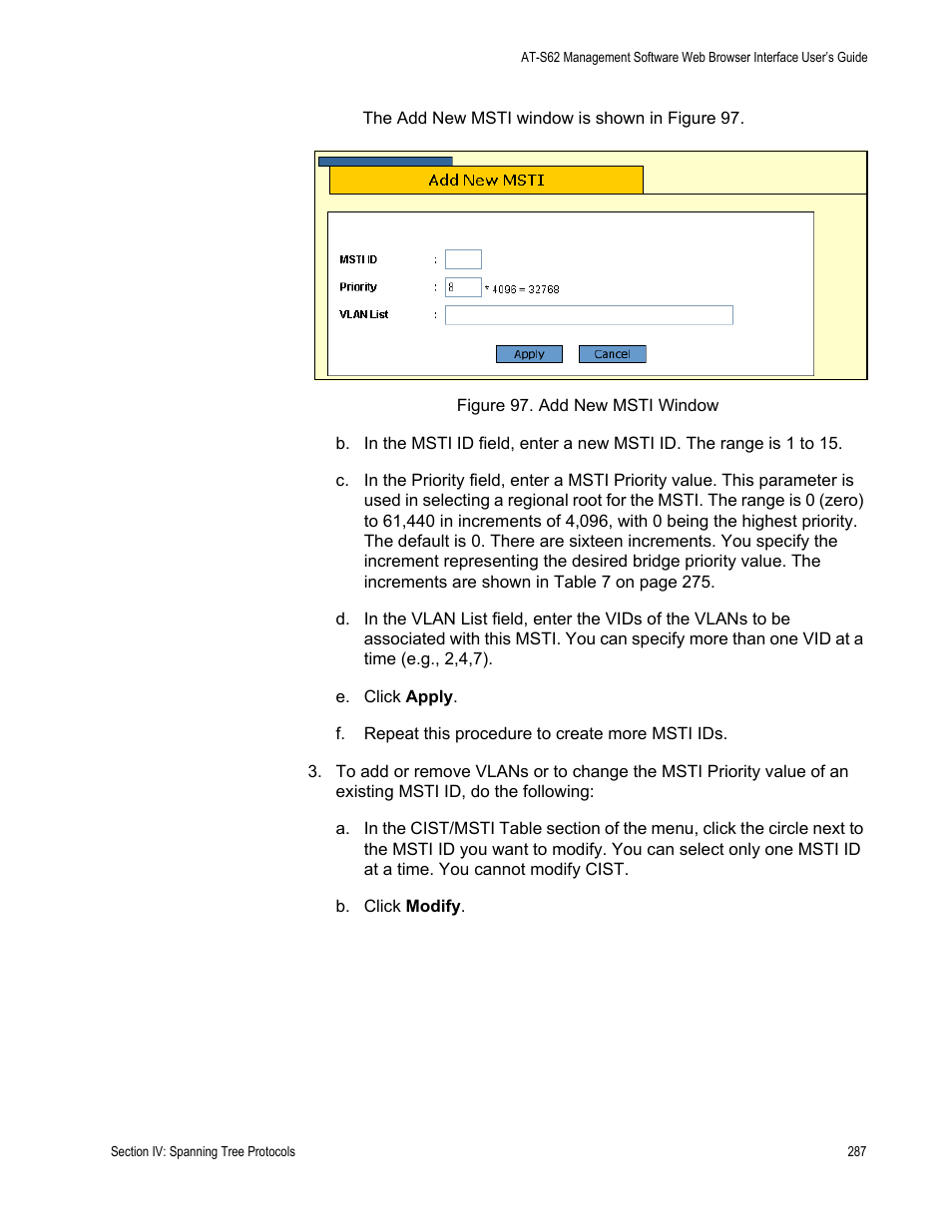 Figure 97: add new msti window | Allied Telesis AT-S62 User Manual | Page 287 / 372