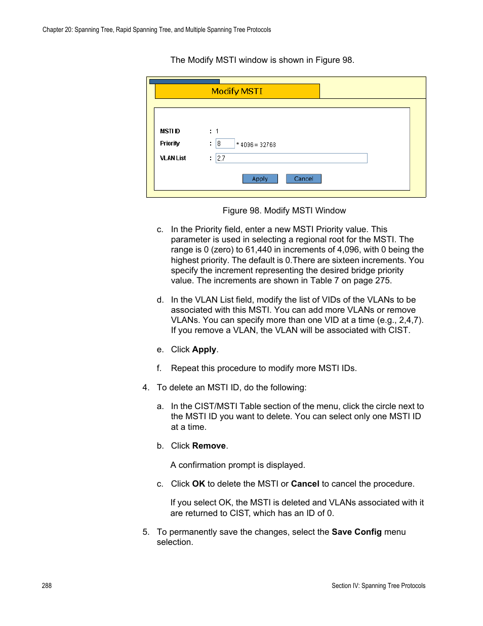 Figure 98: modify msti window | Allied Telesis AT-S62 User Manual | Page 288 / 372