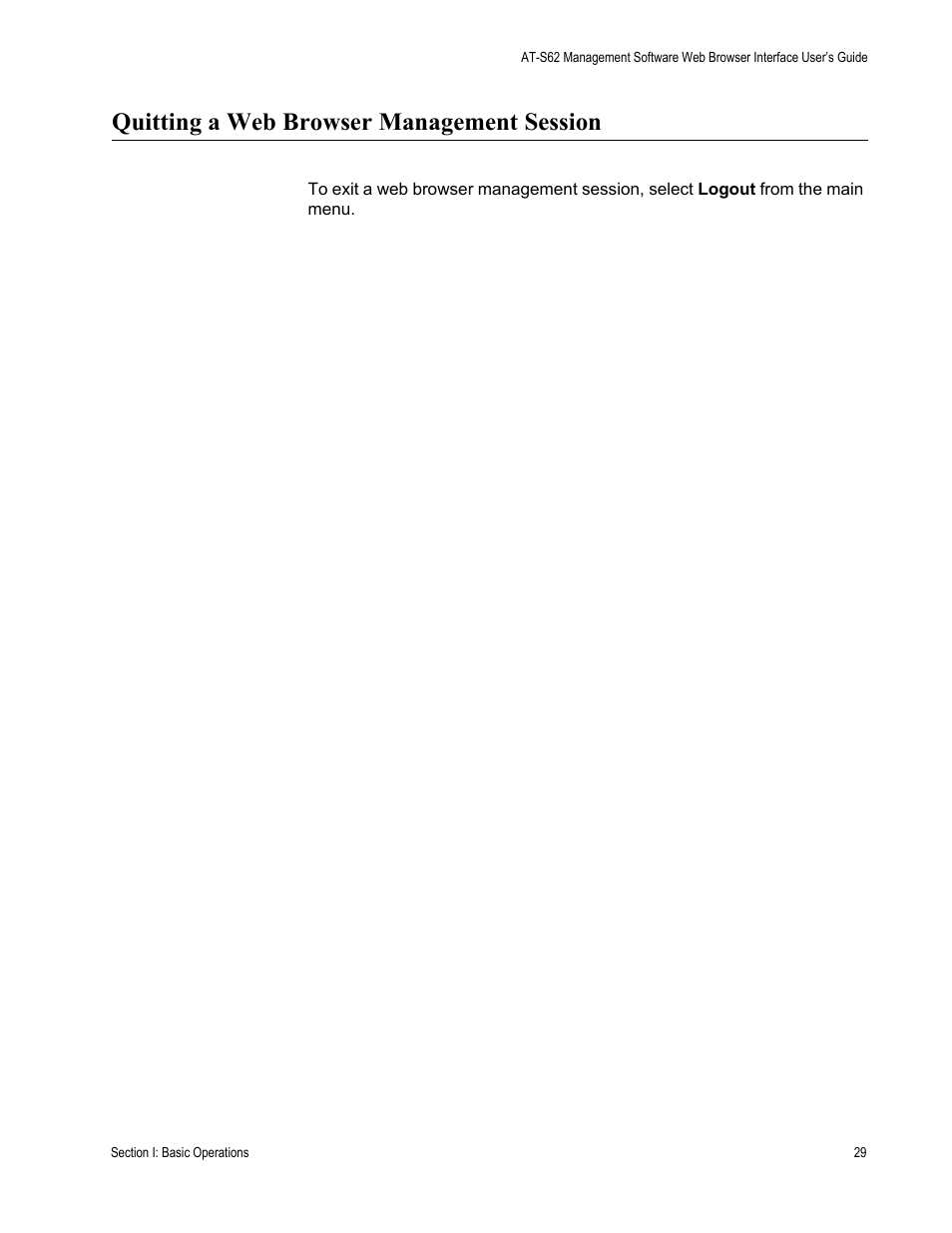 Quitting a web browser management session | Allied Telesis AT-S62 User Manual | Page 29 / 372