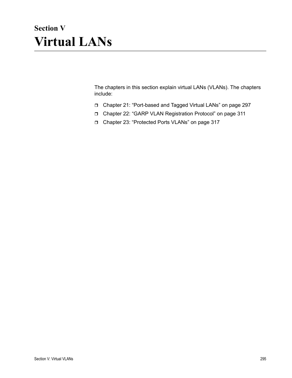 Section v, Virtual lans, Section v: virtual lans | Allied Telesis AT-S62 User Manual | Page 295 / 372