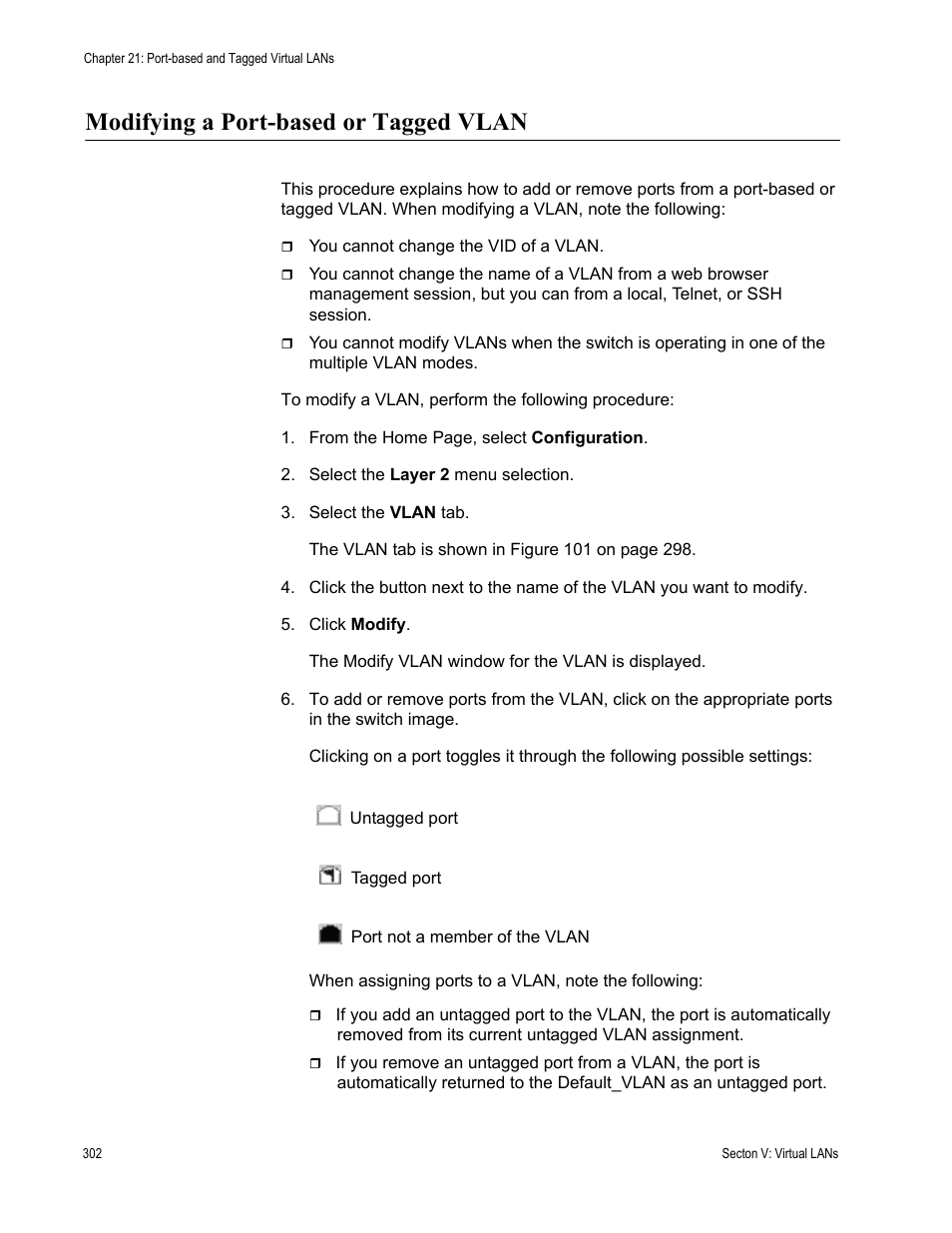 Modifying a port-based or tagged vlan | Allied Telesis AT-S62 User Manual | Page 302 / 372