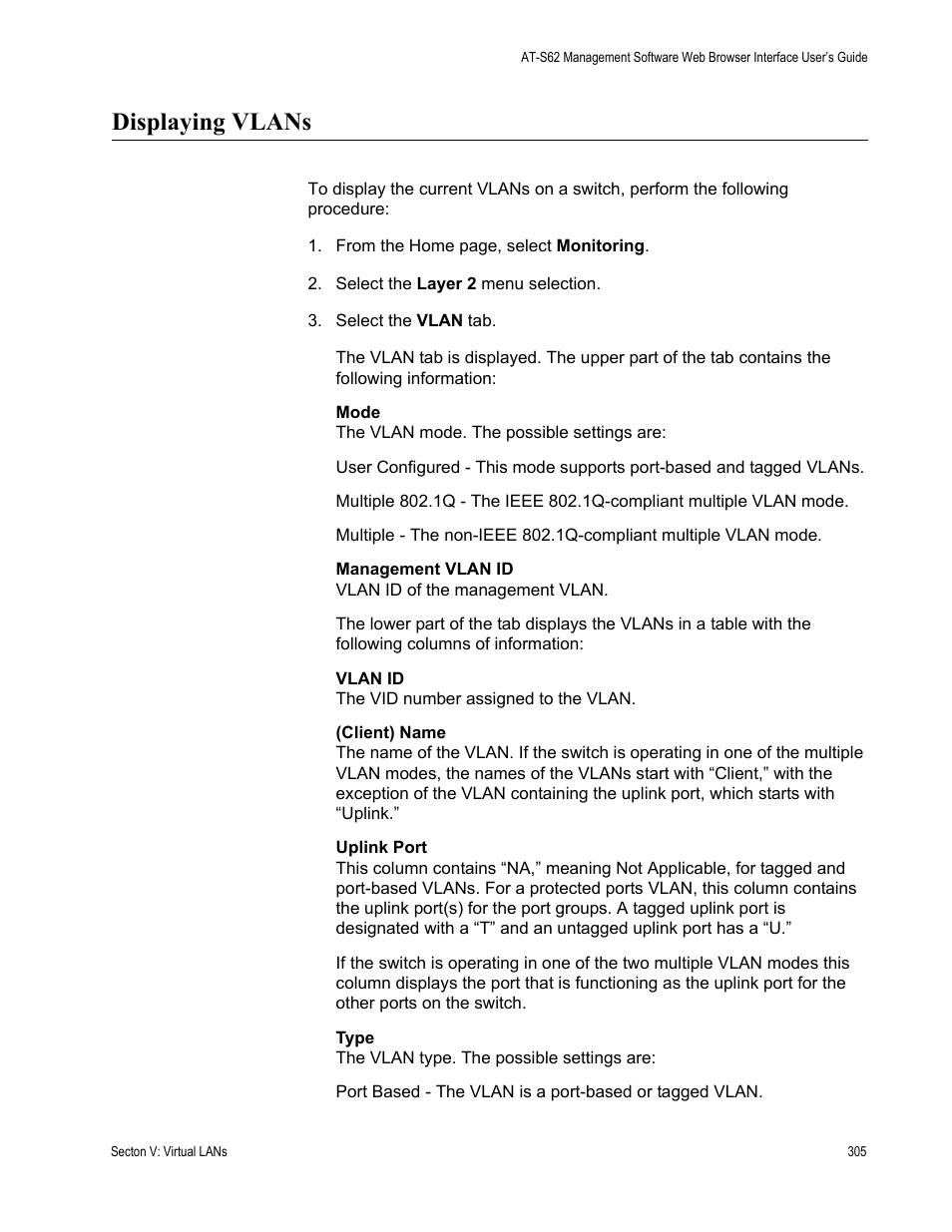 Displaying vlans | Allied Telesis AT-S62 User Manual | Page 305 / 372
