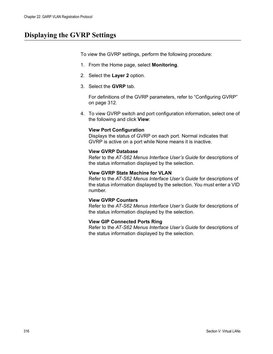 Displaying the gvrp settings | Allied Telesis AT-S62 User Manual | Page 316 / 372