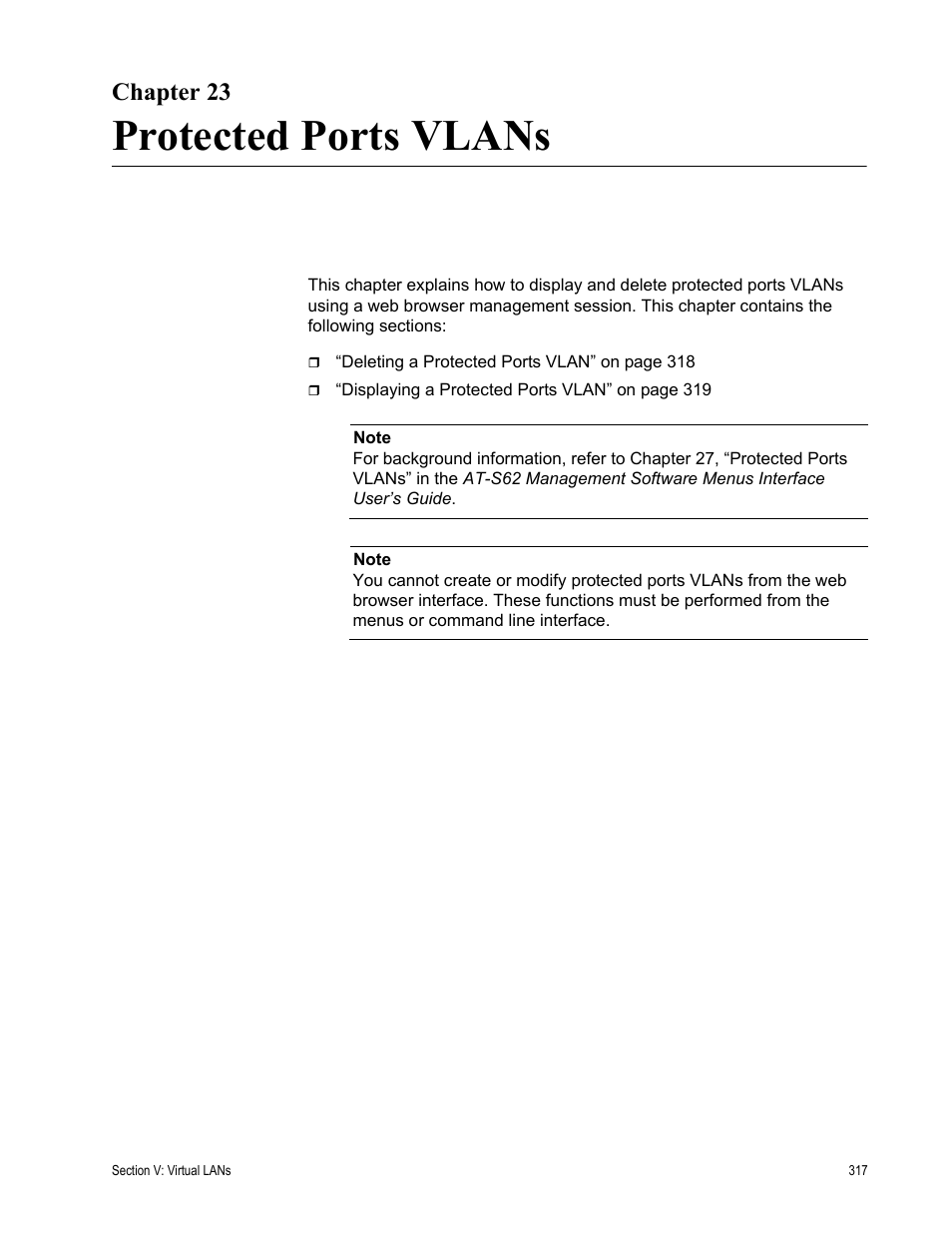 Chapter 23, Protected ports vlans, Chapter 23: protected ports vlans | Allied Telesis AT-S62 User Manual | Page 317 / 372