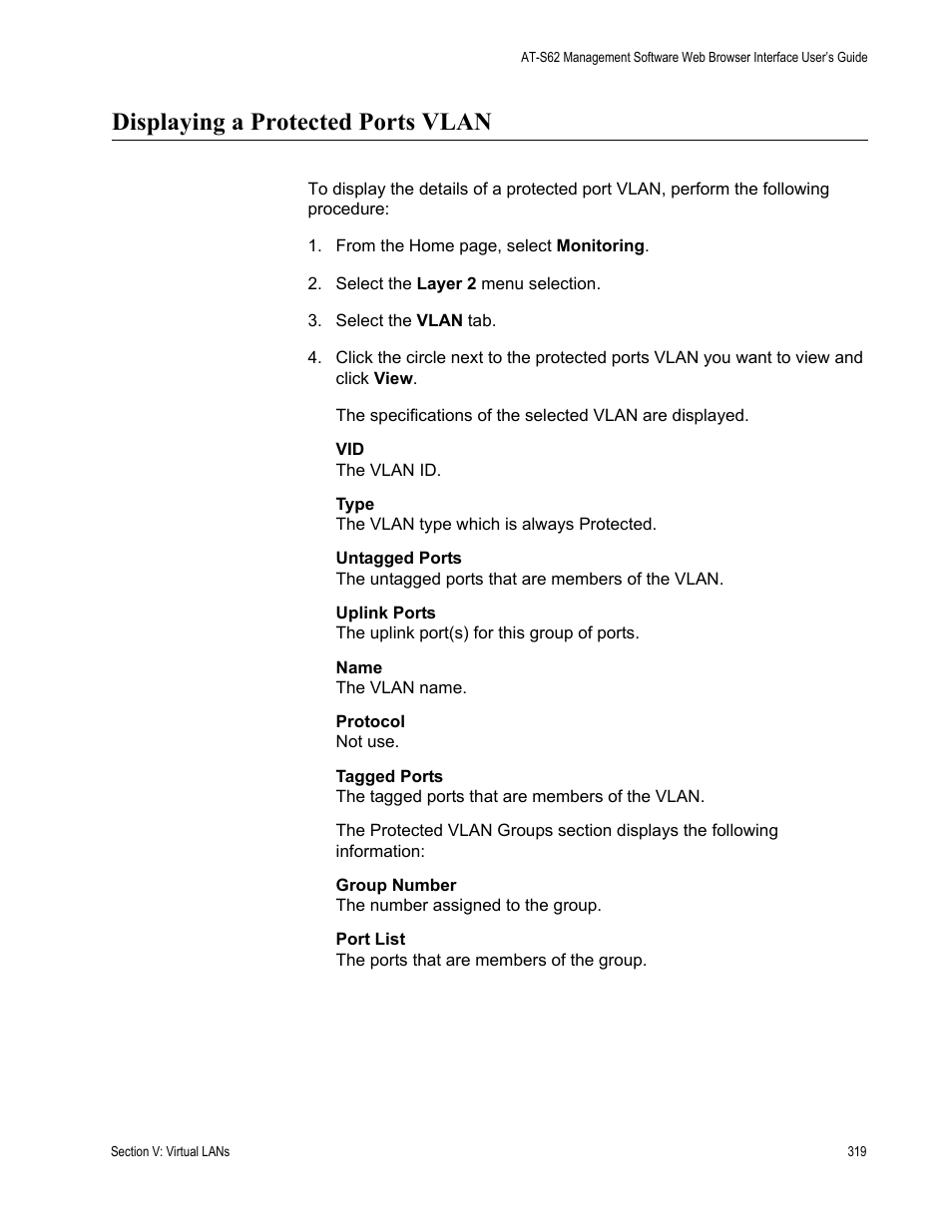Displaying a protected ports vlan | Allied Telesis AT-S62 User Manual | Page 319 / 372