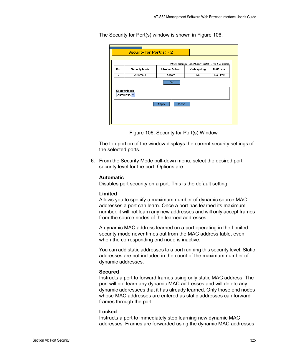 Figure 106: security for port(s) window | Allied Telesis AT-S62 User Manual | Page 325 / 372