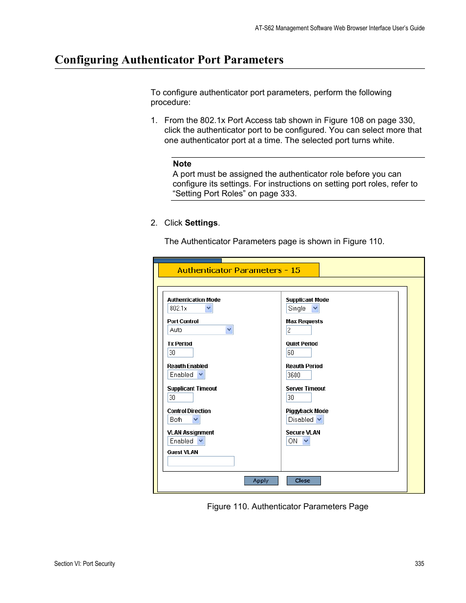 Configuring authenticator port parameters | Allied Telesis AT-S62 User Manual | Page 335 / 372