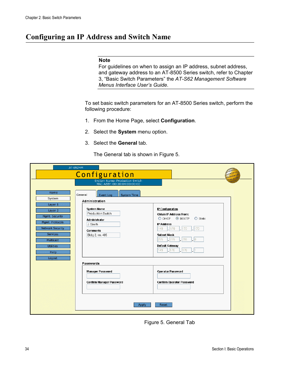 Configuring an ip address and switch name, Figure 5: general tab | Allied Telesis AT-S62 User Manual | Page 34 / 372