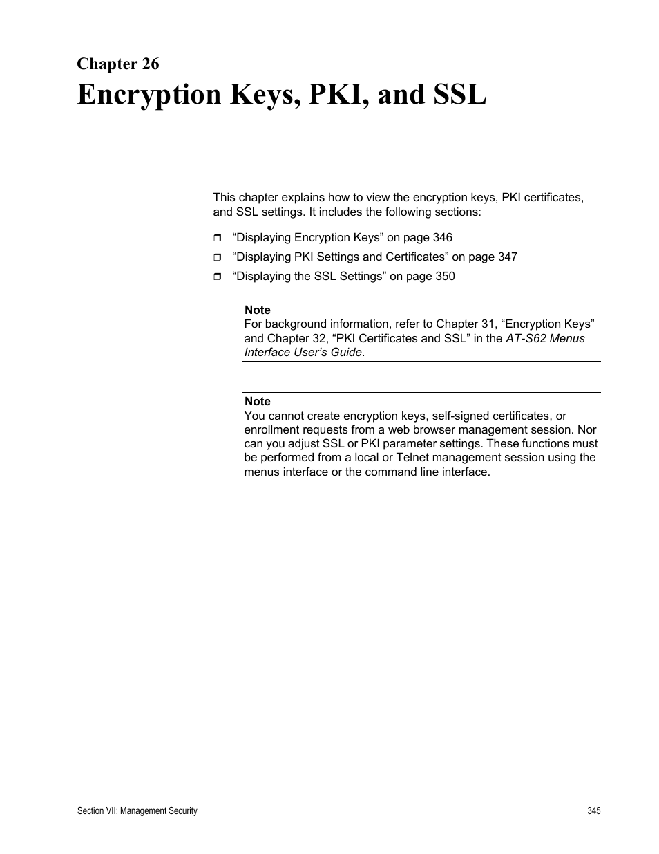 Chapter 26, Encryption keys, pki, and ssl, Chapter 26: encryption keys, pki, and ssl | Allied Telesis AT-S62 User Manual | Page 345 / 372