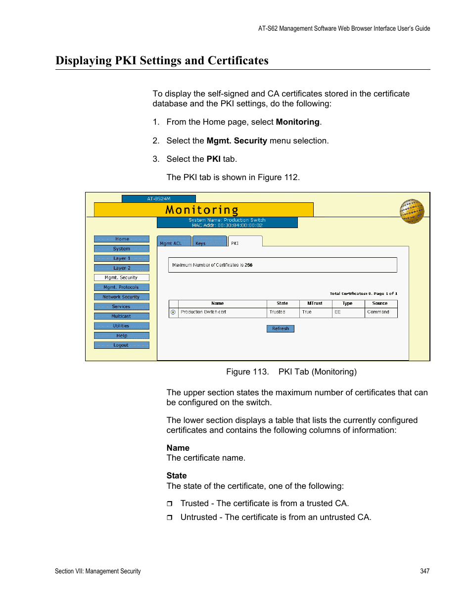 Displaying pki settings and certificates, Figure 113: pki tab (monitoring) | Allied Telesis AT-S62 User Manual | Page 347 / 372